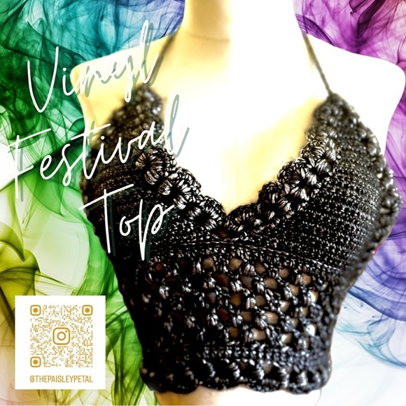 BLACK AND SILVER METALLIC CROCHETED FESTIVAL OR SWIM TOP - Picture 1 of 9